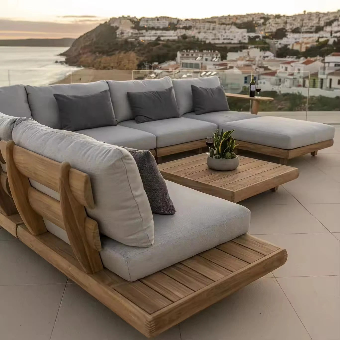 Luxury Modern Outdoor Modular Sectional Garden Teak Sofa for Living Room or Hotel-Elegant Wood Outdoor